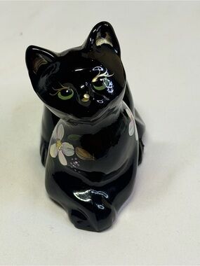 Lenox Black Ceramic Cat with Green Eyes and Gold Accents